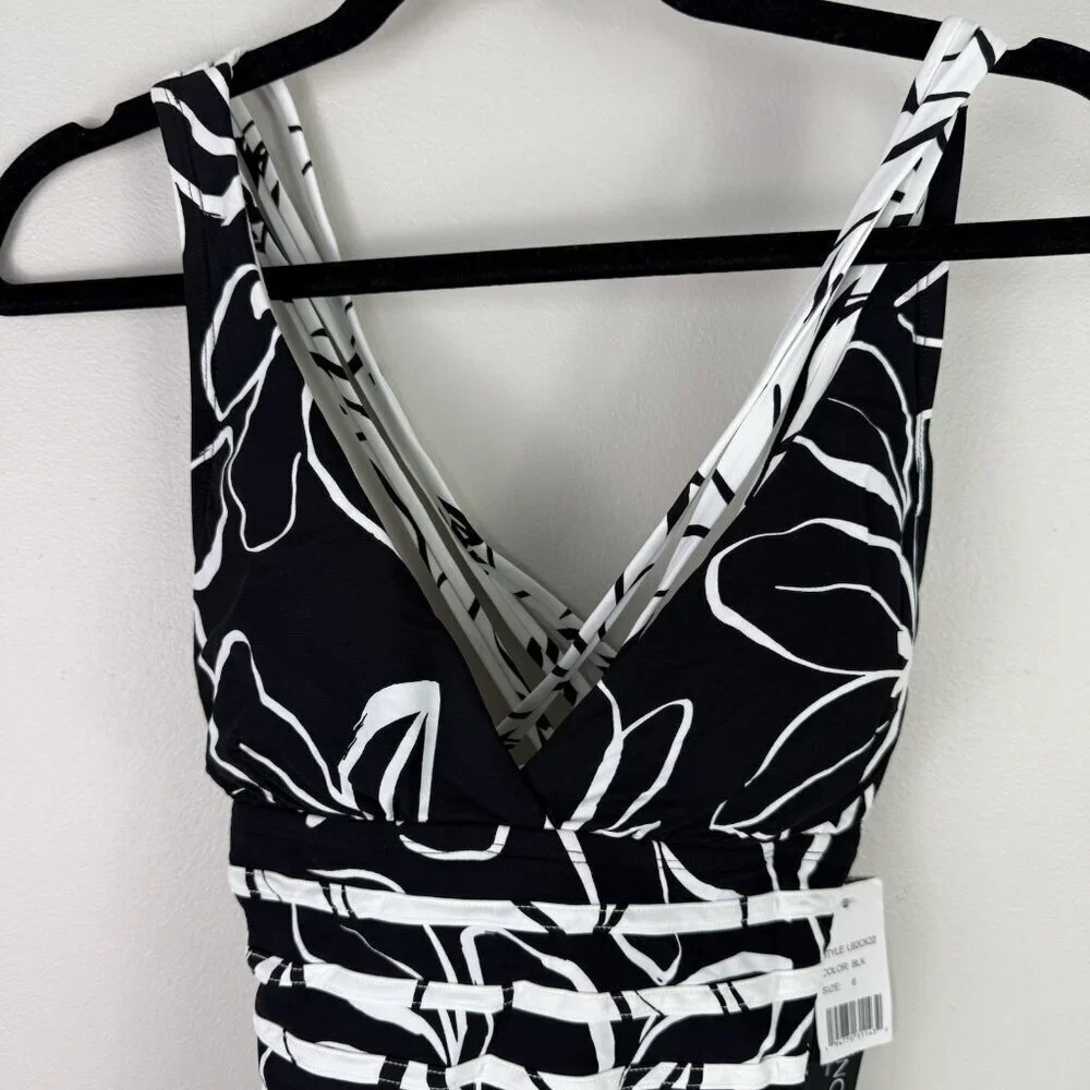 La Blanca Tummy Control One Piece Swimsuit 6 Black White Floral Strappy Back NWT